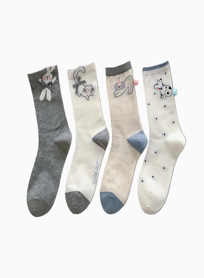 Winatehr Cute Animal Socks, Novelty Fun Crew Socks for Women Teen Girl, Kawaii Bow Sock with Cat Dog Bunny Size 5-9, Funny Unique Bulk Stuff Gifts for Women (4 Pair) - Image 1